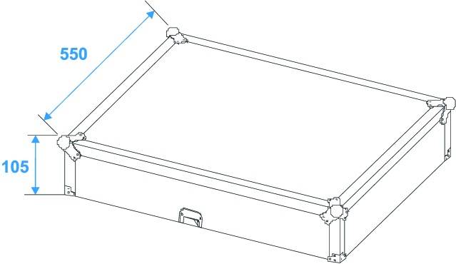 Technische tekening van een rechthoekige doos. Afmetingen: breedte 550 mm, hoogte 105 mm. Hoeken zijn versterkt, een handgreep is zichtbaar.
