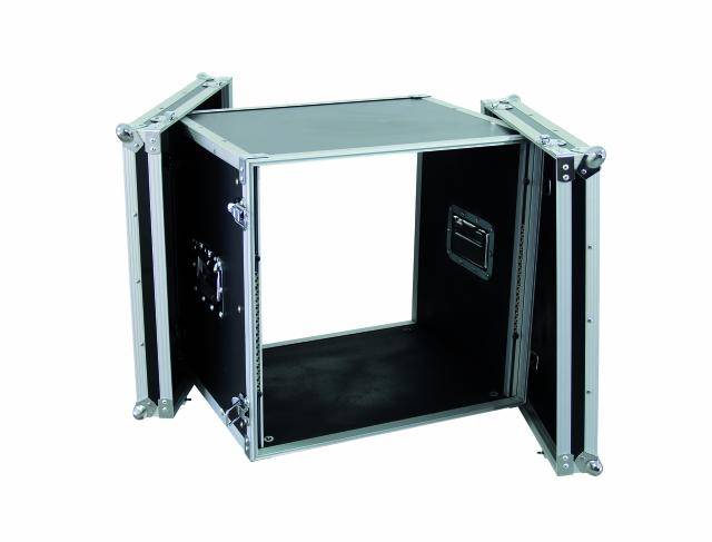 Een leeg zwart transportkoffer met zilveren randen, aan beide zijden geopend, geschikt voor het vervoeren van elektronische apparaten.