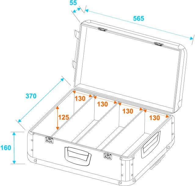 Open koffer met vier gelijke compartimenten. Afmetingen: breedte 565 mm, diepte 370 mm, hoogte 160 mm. Elk compartiment is 130 mm breed.