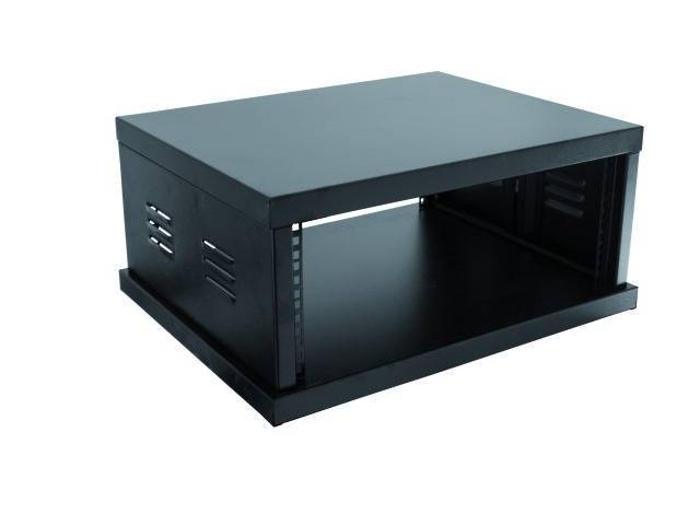 Zwart, rechthoekig, open rack-behuizing van metaal, met ventilatiesleuven aan de zijkant. Geschikt voor het monteren van servercomponenten.