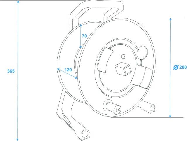 Technische tekening van een kabelhaspel met afmetingen: hoogte 365 mm, diameter 280 mm, behuizingsbreedte 120 mm, behuizingsdiepte 70 mm.