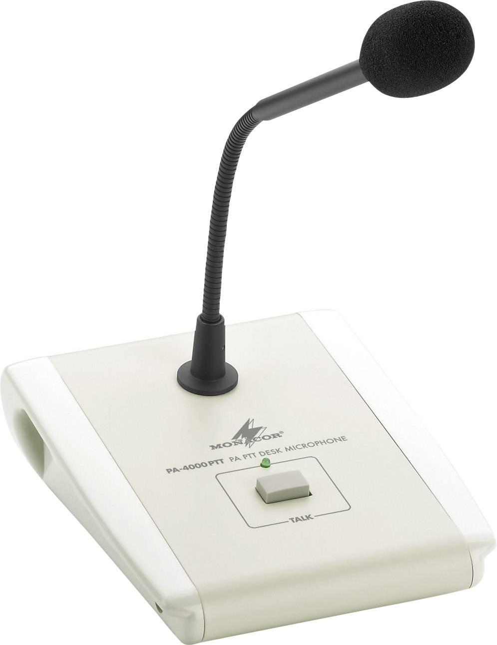 Een zwanenhals-microfoon op een klein wit tafelstatief met een groene toets, gemerkt met 'TALK', geschikt voor communicatiesystemen.