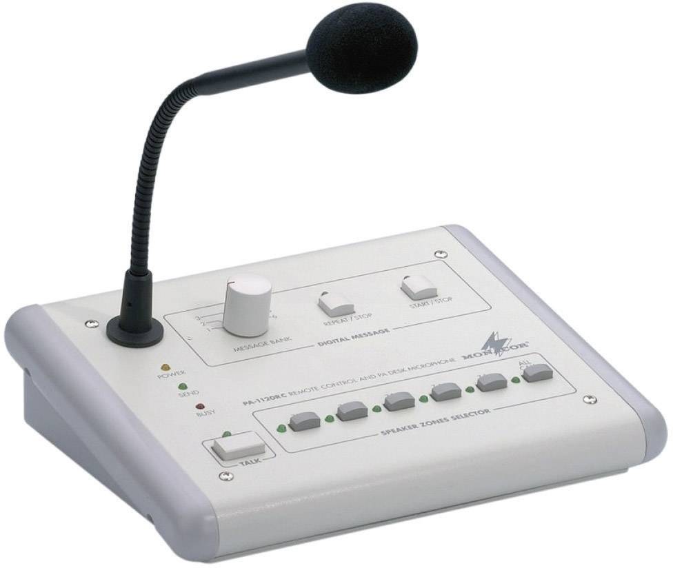 Een tafelconfiguratiemicrofoon met een bedieningspaneel, ontworpen voor aankondigingen in PA-systemen. Bevat knoppen voor volume- en kanaalregeling.