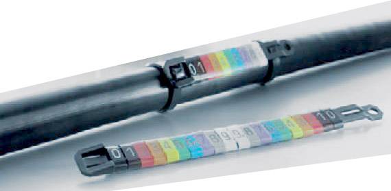 Een kabel met gekleurde nummerlabels ter identificatie, vastgemaakt met een zwarte kabelbinder.