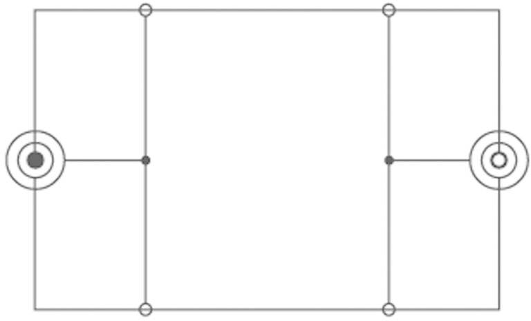 Grafiek van een rechthoekige schikking met twee concentrische cirkels aan de zijkanten, verbonden door lijnen. Geometrisch ontwerp.
