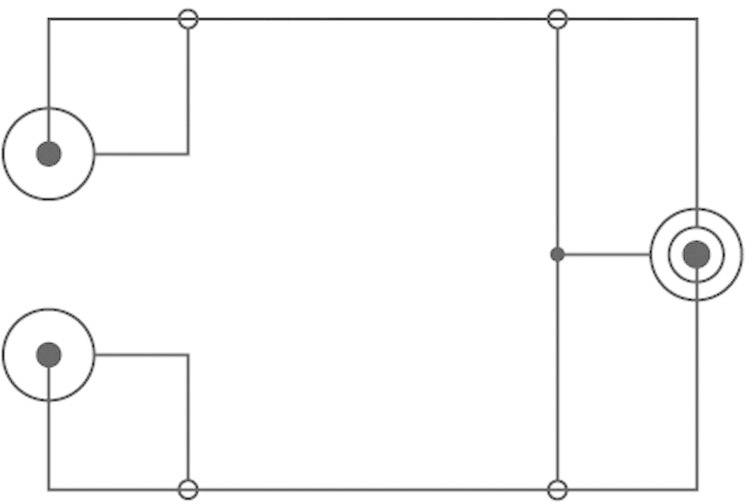Elektrisch schema met verbonden circuits en lijnen. Toont verbindingspunten en stroomlooppaden in een schakelsysteem.