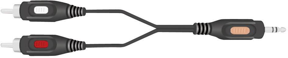 Een Y-audiokabel met een 3,5-mm-stekker die zich splitst in twee cinch-stekkers, één rood en één wit.