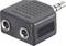 Een zwarte audio-adapter met een 3,5-mm-stekker en twee aansluitingen voor het aansluiten van hoofdtelefoons of luidsprekers.