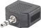 Zwarte 3,5-mm-audioadapter met twee parallelle ingangen voor het aansluiten van hoofdtelefoons of luidsprekers op een audiobron.
