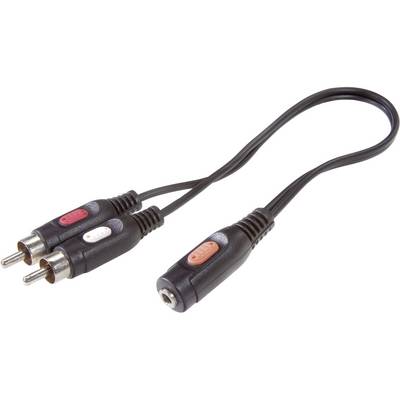 Drieaderig audiokabel met twee RCA-stekkers in rood en wit en een 3,5 mm jackadapter.