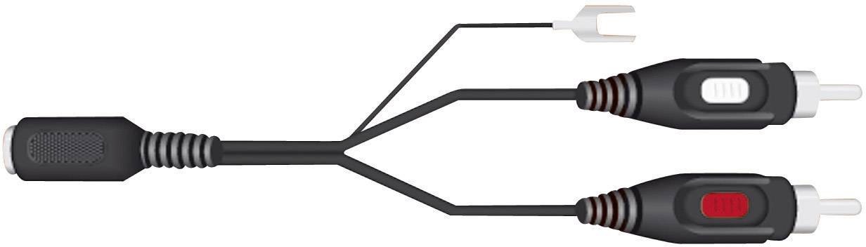 Een zwarte audio-adapter met een 3,5-mm-aansluiting aan de linkerkant splitst zich rechts in twee cinch-stekkers, een witte en een rode.