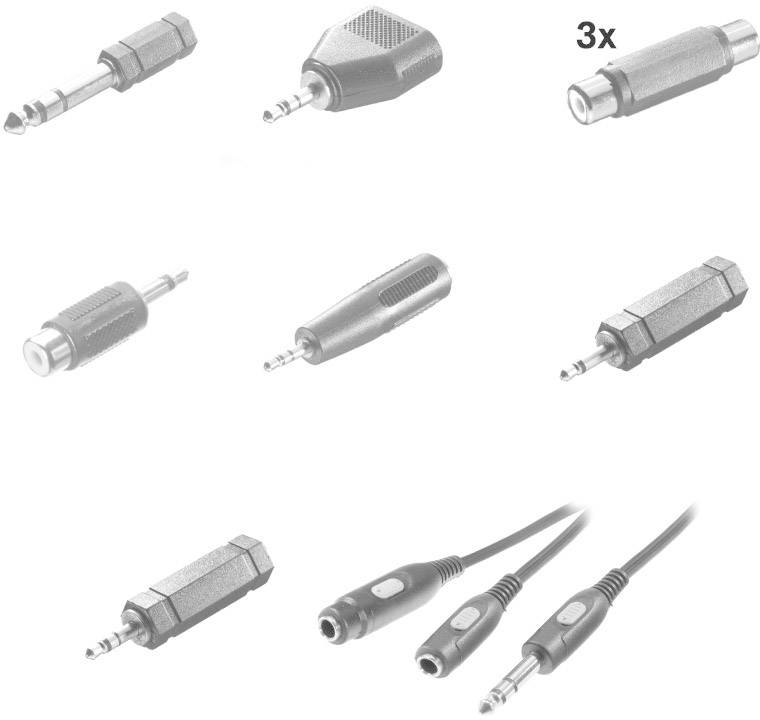 Verschillende audioconnectoren, adapters en kabels afgebeeld, waaronder 6,3 mm jack, cinch-aansluiting en 3,5 mm jack.