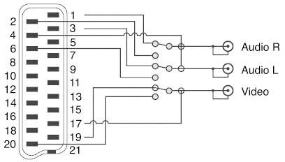 'Diagram van een SCART-stekker met pinbezetting. Pins 1 en 3 verbinden met Audio R, pins 5 en 7 met Audio L, pins 11 en 13 met Video.'