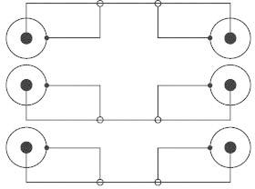 Schakelschematadiagram met twee parallelle schakelpaden en vijf verbonden knooppunten, gerangschikt in een symmetrisch patroon.