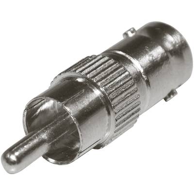 Metalen adapter, RCA-stekker. Wordt gebruikt voor het aansluiten van audioapparatuur. Zilverkleurig, ronde vorm met een centraal pinnetje.