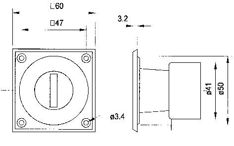 Technische tekening van een vierkante knop met draaimechanisme. Afmetingen: 60 mm x 47 mm, diepte 50 mm. Schroefgaten met Ø 3,4 mm.