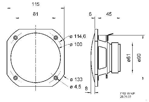Technische tekening van een luidspreker met afmetingen: Vooraanzicht toont diameter van 114,6 mm; Zijaanzicht toont diepte van 45 mm.