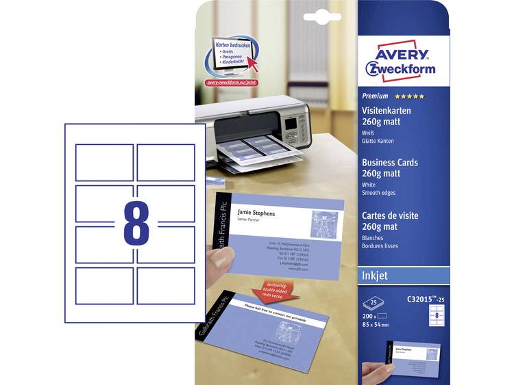 Avery-Zweckform Premium Bedrukbare visitekaarten, gladde kant DIN A4 260 g-m² 200 stuks Wit