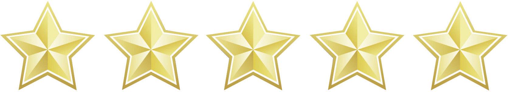 Vijf gouden sterren naast elkaar, symboliseren de beste beoordeling of hoogste kwaliteit.