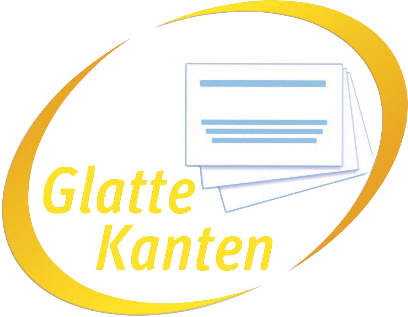 Logo met drie op elkaar liggende kaarten en de tekst 'Glatte Kanten' in gele letters. Een gele cirkel omringt het logo.