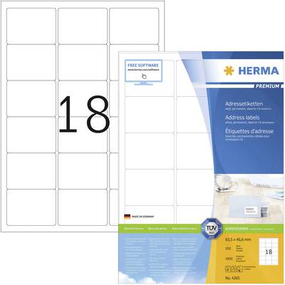 Herma 4265 Adresetiketten 63.5 x 46.6 mm Papier Wit 1800 stuk(s) Permanent hechtend Inkjet, Laser (zwart/wit), Laser (kl