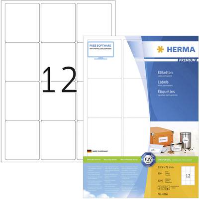 Herma 4266 Universele etiketten 63.5 x 72 mm Papier Wit 1200 stuk(s) Permanent hechtend Inkjet, Laser (zwart/wit), Laser
