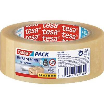 Heldere rol plakband van 'tesa' met de opdruk 'Ultra Strong'. 66 m lang, 38 mm breed. Verpakkingsafbeelding toont dozen en gewichtssymbolen.