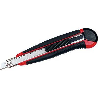 Een rood en zwart tapijtmes met intrekbaar lemmet, geschikt voor snijwerkzaamheden.