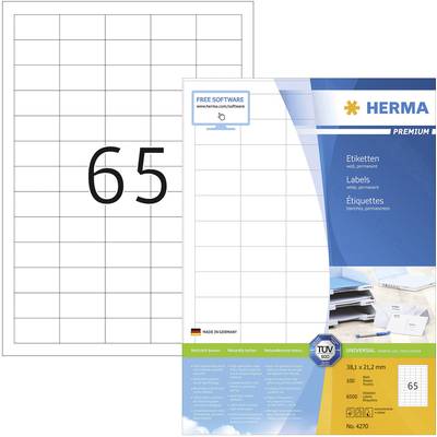 Herma 4270 Universele etiketten 38.1 x 21.2 mm Papier Wit 6500 stuk(s) Permanent hechtend Inkjet, Laser (zwart/wit), Las