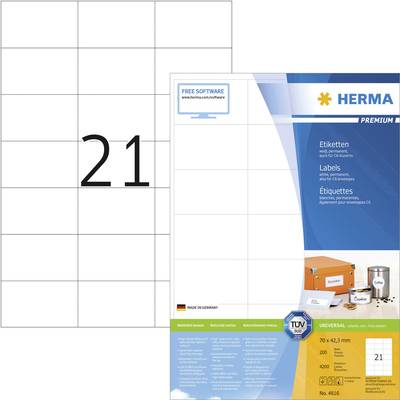 Herma 4616 Universele etiketten 70 x 42.3 mm Papier Wit 4200 stuk(s) Permanent hechtend Inkjet, Laser (zwart/wit), Laser