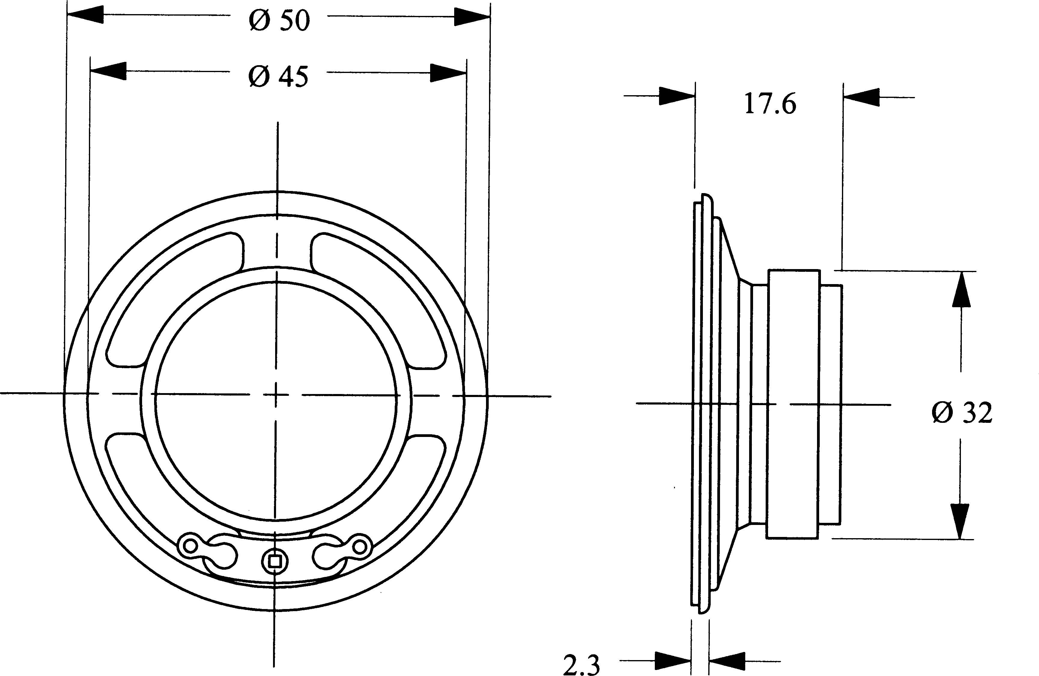 Technische tekening van een luidspreker met afmetingen: diameter 50 mm, diepte 17,6 mm, afstand tussen voorste en achterste rand 2,3 mm.