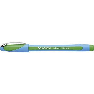 Een blauwe balpen met groene grip, merk 'Schneider slider memo'.