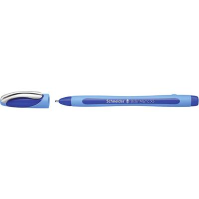 Blauwe balpen met afneembare dop en de tekst 'Schneider Slider Memo XB'.