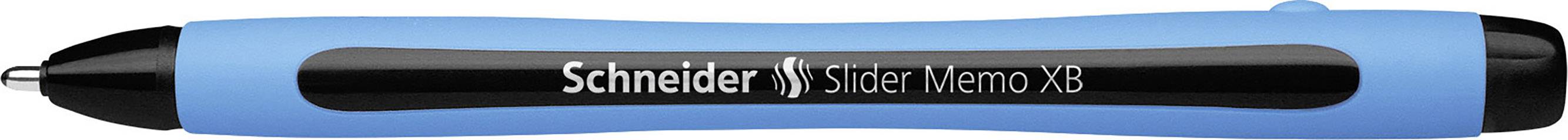 Blauwe pen van Schneider, model 'Slider Memo XB', zwart-witte opdruk op de schacht.