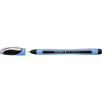 Een blauwe pen met een afneembare zilveren dop en een zwarte punt. Aan de zijkant staat 'Schneider'.
