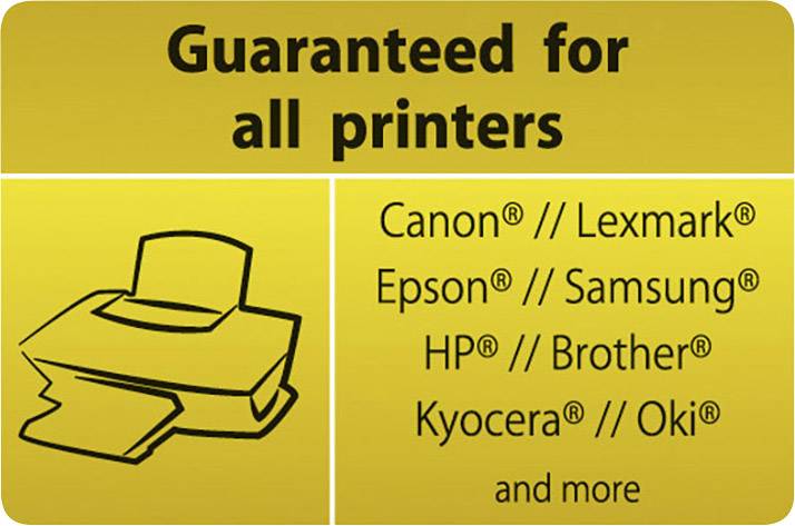'Gegarandeerd voor alle printers' staat bovenaan. Links: Pictogram van een printer. Rechts: Merkenlijst begint met Canon en eindigt met Oki.