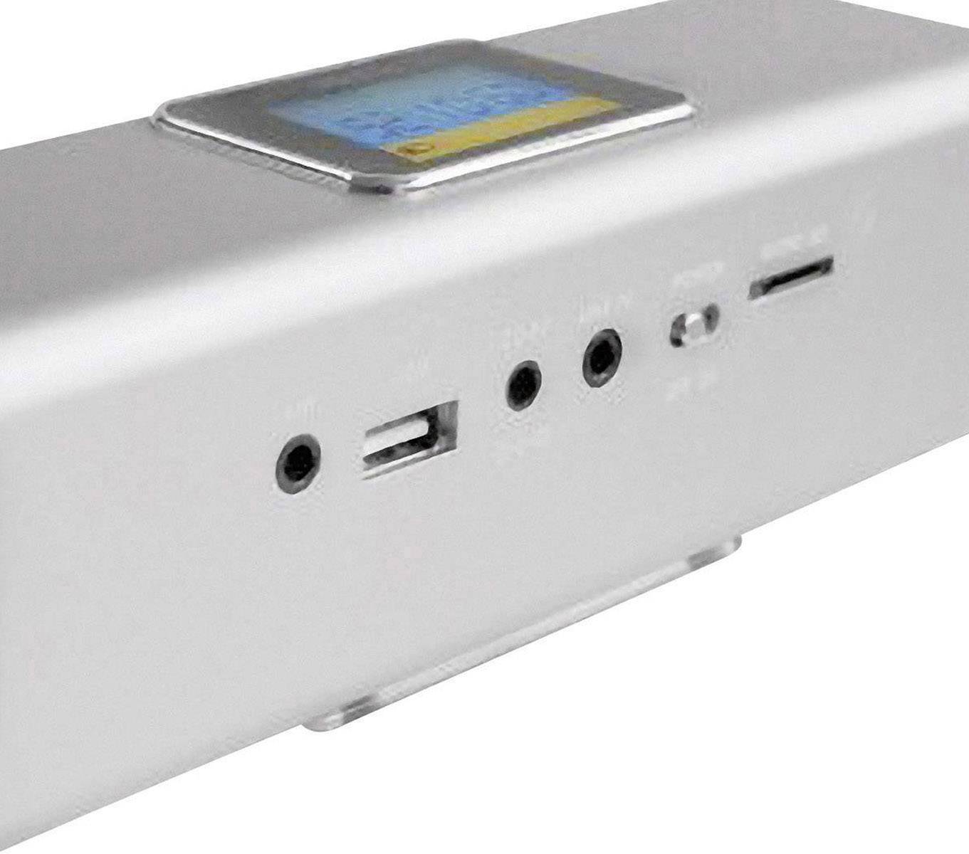 Een zilverkleurig apparaat met meerdere aansluitingen: USB-poort, koptelefooningangen en een LED-display.