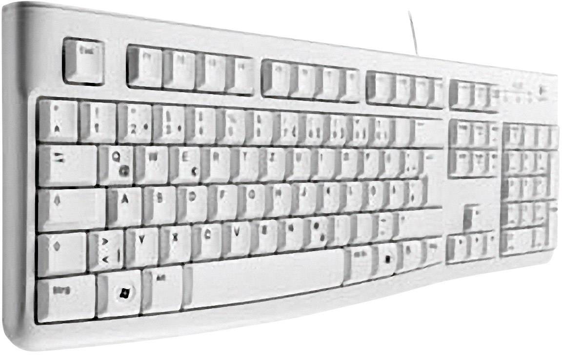 Een witte computerkeyboard met letter- en nummerblokken, evenals functie- en pijltjestoetsen.