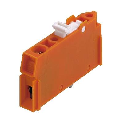 Een oranje elektrisch onderdeel met steekcontacten en een witte verbindingseenheid bovenaan.