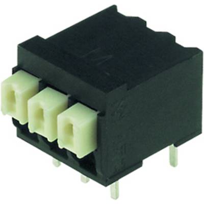 Een zwarte, rechthoekige elektrische connector met drie witte aansluitingen en vier metalen pinnen om in een printplaat te steken.