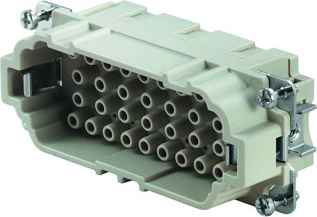 Multipolaire rechthoekige connector in lichtgrijs met meerdere pinnen en metalen schroeven aan de zijkanten voor bevestiging.