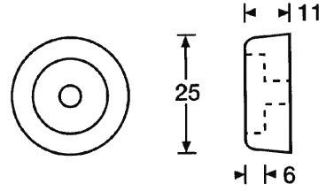 Technische tekening van een cilindrisch object. Vooraanzicht toont een cirkel, zijaanzicht toont hoogte 25 mm, breedte 11 mm, diepte 6 mm.