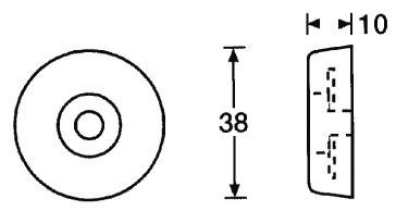 Diameter van een ronde schijf: 38 mm. Dikte: 10 mm. Zij- en bovenaanzicht diagram.