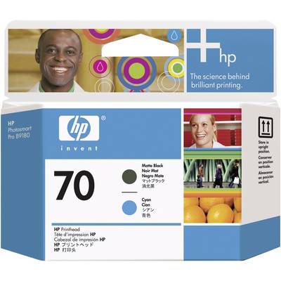 De verpakking van een HP printpatroon, modelnummer 70, met kleuropties in Zwart, Cyaan en Grijs. Linksboven is een lachende persoon afgebeeld.