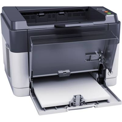 Zwart-grijze kantoorprinter met geopende uitvoerlade en een stapel papier erin. Knoppen en lampjes aan de rechterkant.