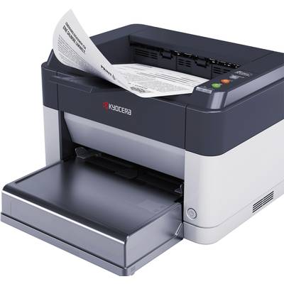 Een zwarte desktopprinter drukt een document af. Het Kyocera-logo is zichtbaar. De papierlade staat open.