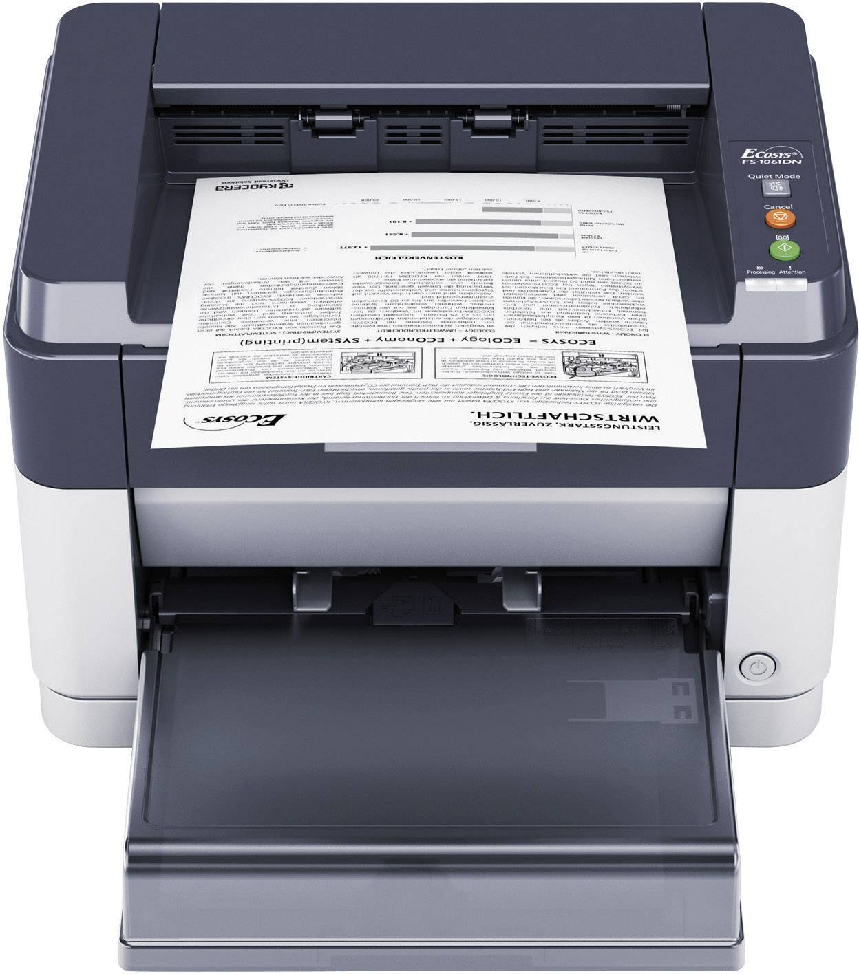 Een printer met een afgedrukt document. Het apparaat heeft een papieruitvoerlade eronder.