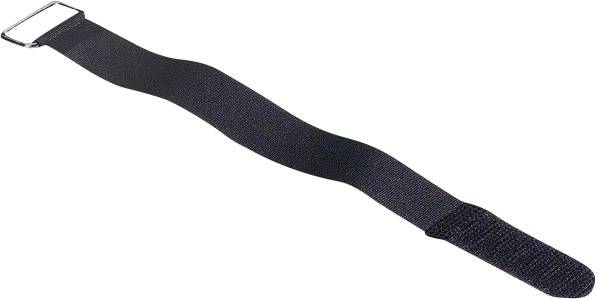 Een zwarte nylon riem met een rechthoekige metalen gesp, mogelijk een riem of draagriem.