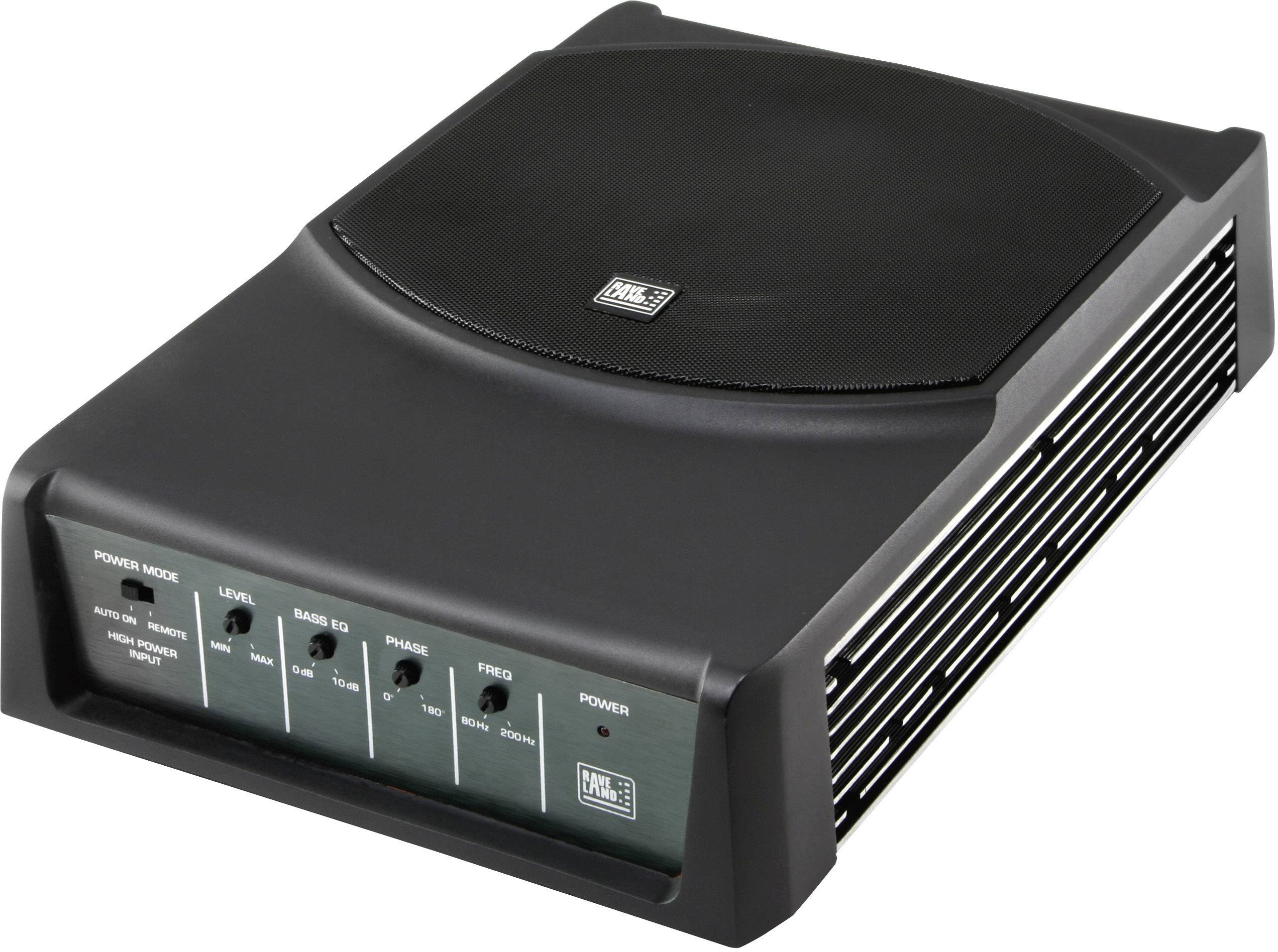 Zwarte auto-subwoofer met bedieningspaneel aan de voorkant, met regelaars voor Power Mode, Level, Bass EQ en Phase.