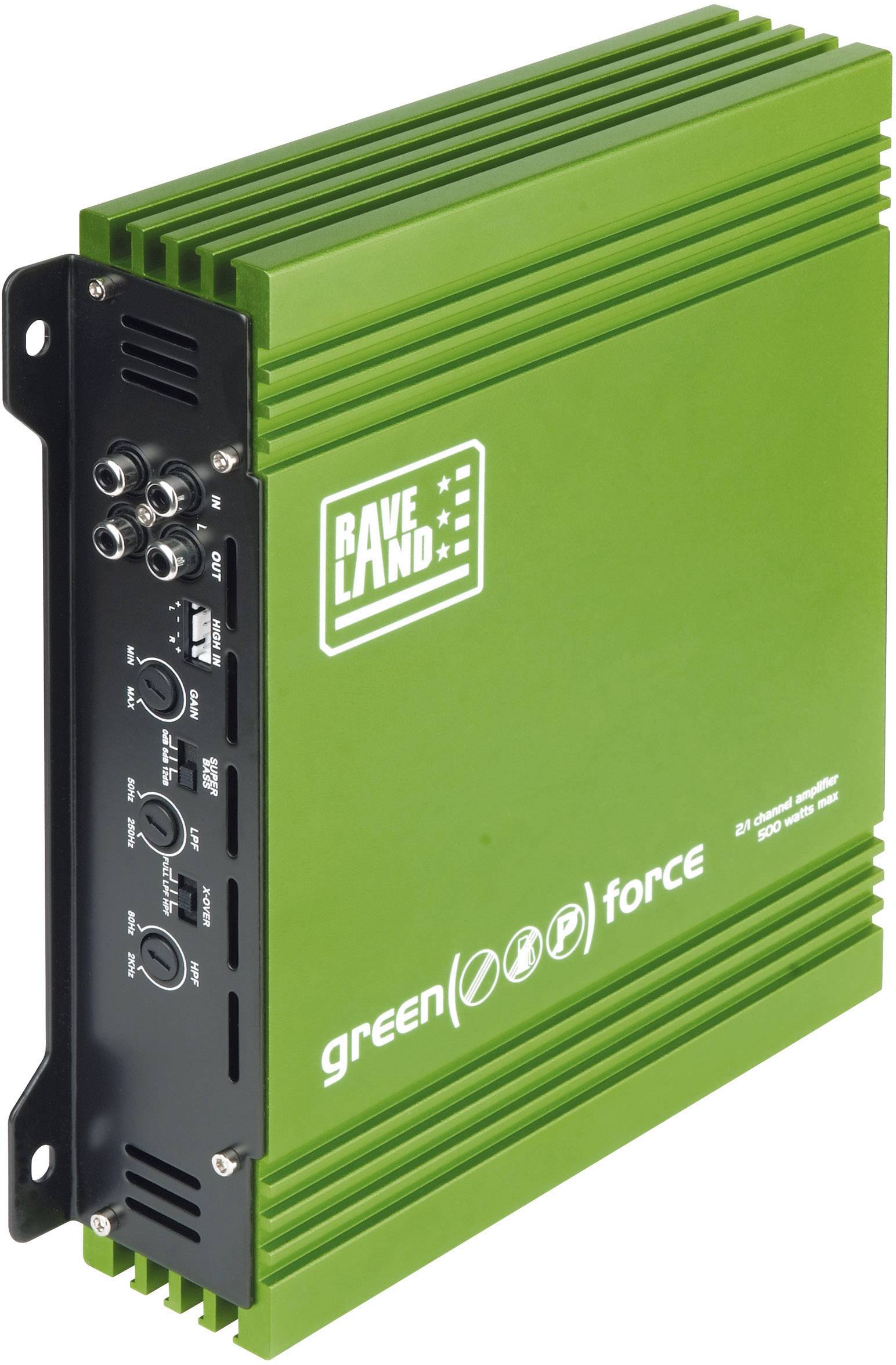 Groene versterker van het merk 'Raveland green force' met meerdere audio-ingangen en -regelaars aan de zijkant.